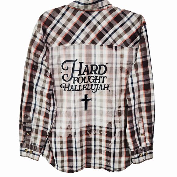 Hard Fought Hallelujah Custom Christian Upcycled Plaid Shirt, Unisex M/L - Picture 1 of 5